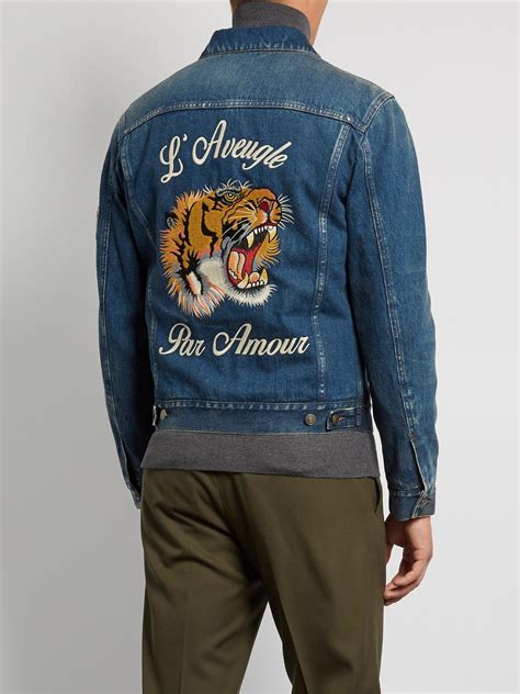 gucci bomber jacket mens tiger|Gucci men's denim trucker jacket.